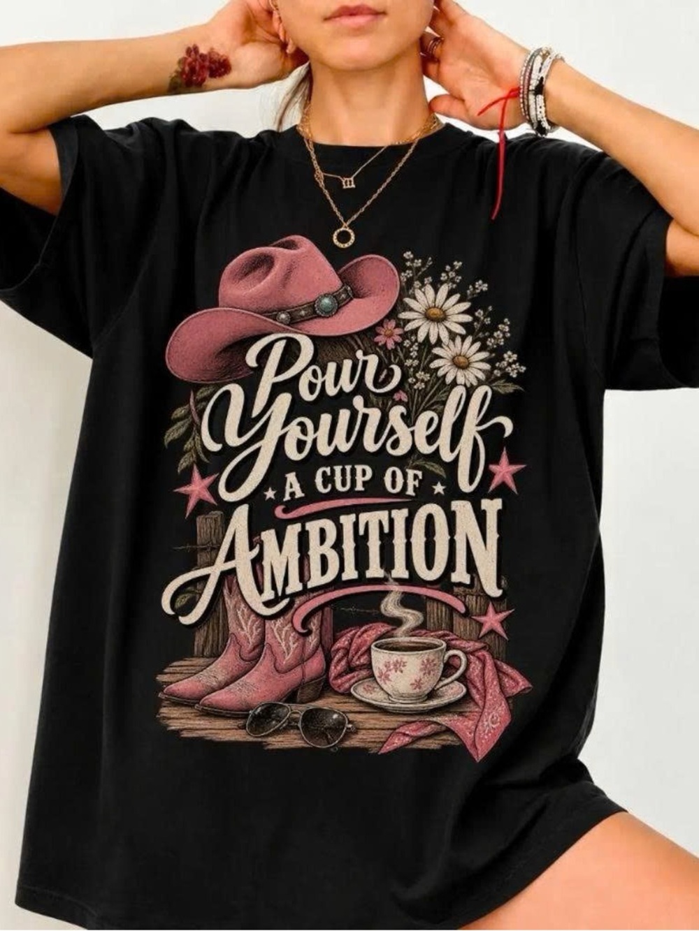Vintage Dolly Parton Black with Pink Cowboy Hat, Boots & Daisy Graphic
